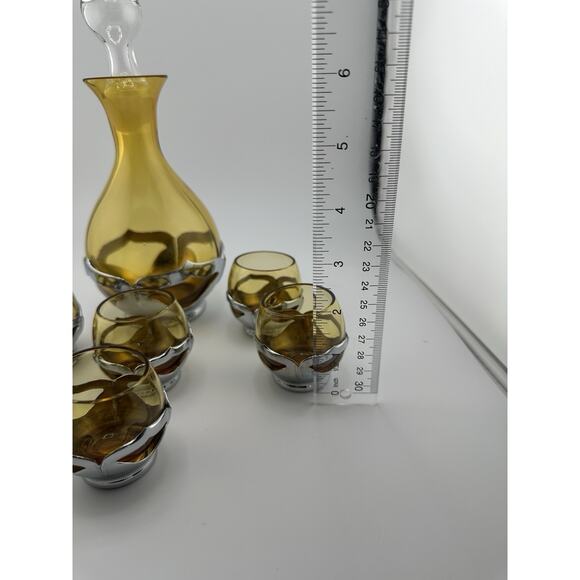 Vintage Farber Brothers Amber Glass Chrome Art Deco Decanter and 6 Glasses - Picture 8 of 9